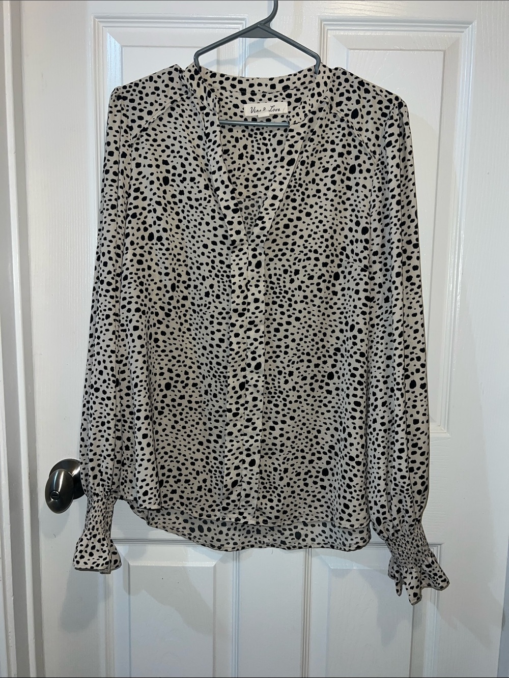 Vine and love Cream and Black Dalmatian Print V-Neck Blouse